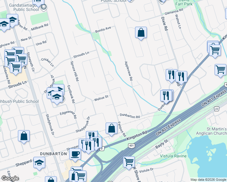 map of restaurants, bars, coffee shops, grocery stores, and more near 1672 Goldenridge Road in Pickering