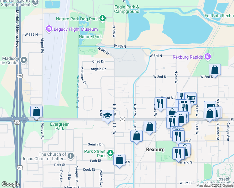 map of restaurants, bars, coffee shops, grocery stores, and more near 100 North 5th West in Rexburg