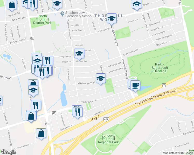 map of restaurants, bars, coffee shops, grocery stores, and more near 129 Leameadow Road in Vaughan