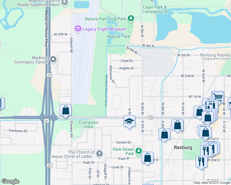 map of restaurants, bars, coffee shops, grocery stores, and more near 89 W Sunset Cir in Rexburg