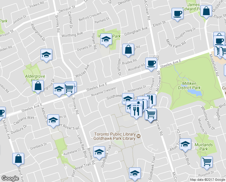 map of restaurants, bars, coffee shops, grocery stores, and more near in Toronto