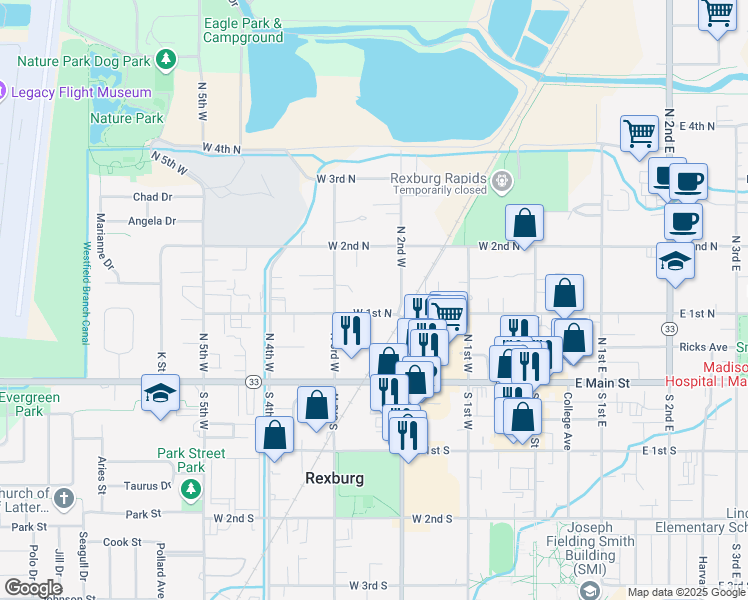 map of restaurants, bars, coffee shops, grocery stores, and more near 234 West 1st North in Rexburg