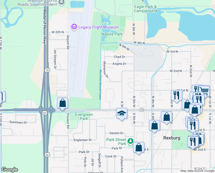 map of restaurants, bars, coffee shops, grocery stores, and more near 95 Sunset Circle in Rexburg