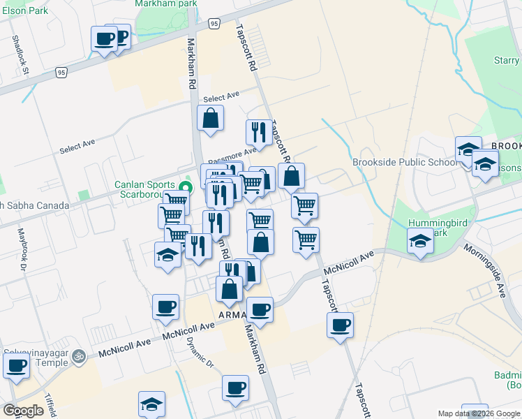 map of restaurants, bars, coffee shops, grocery stores, and more near in Toronto