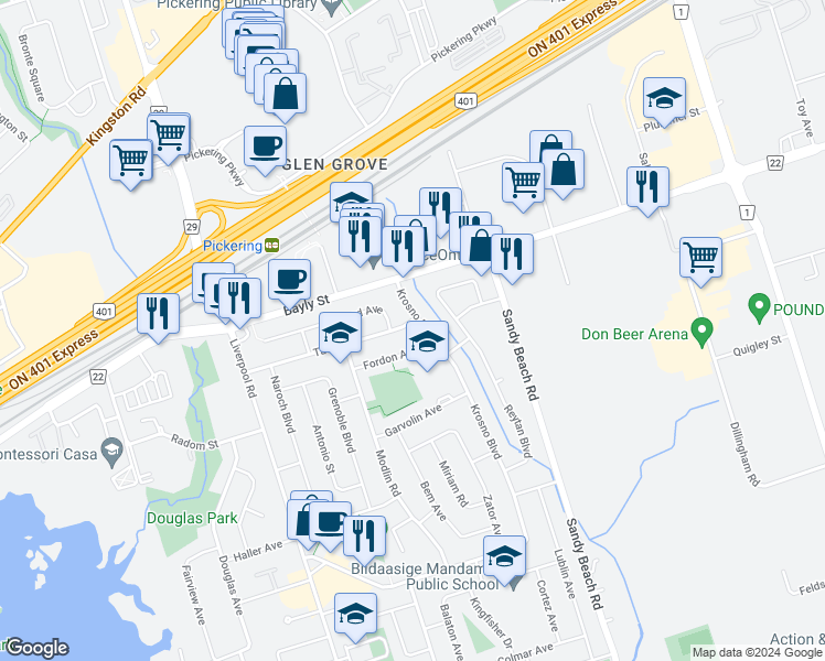 map of restaurants, bars, coffee shops, grocery stores, and more near 1399 Tatra Drive in Pickering