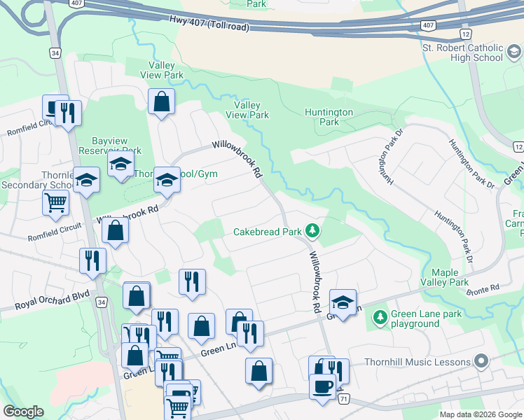 map of restaurants, bars, coffee shops, grocery stores, and more near 74 Innisbrook Crescent in Markham