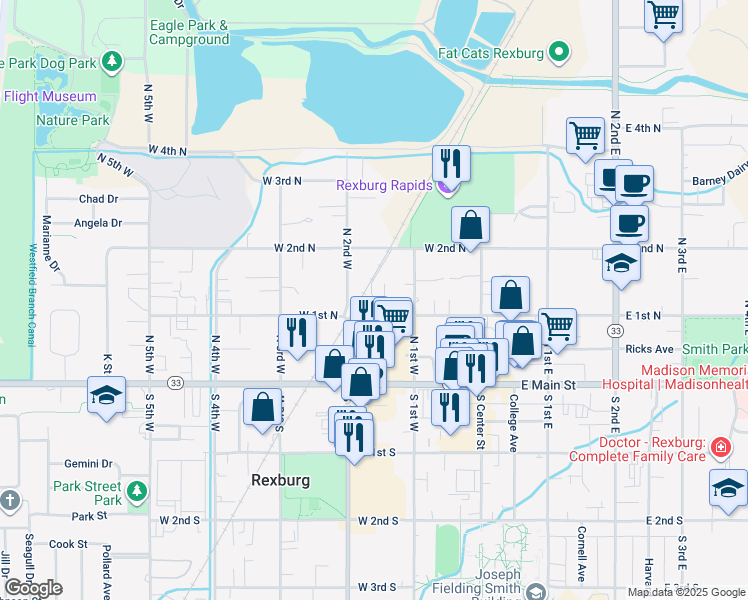 map of restaurants, bars, coffee shops, grocery stores, and more near 164 West 1st North in Rexburg