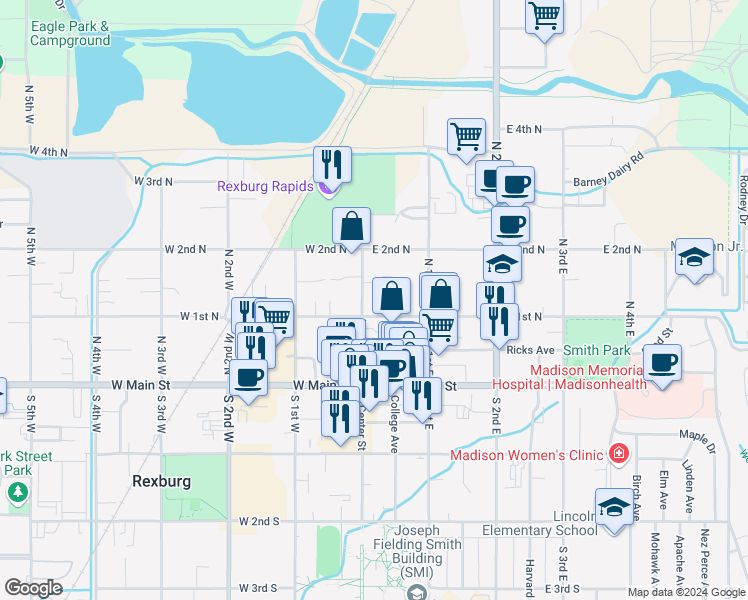 map of restaurants, bars, coffee shops, grocery stores, and more near 17 East 1st North in Rexburg