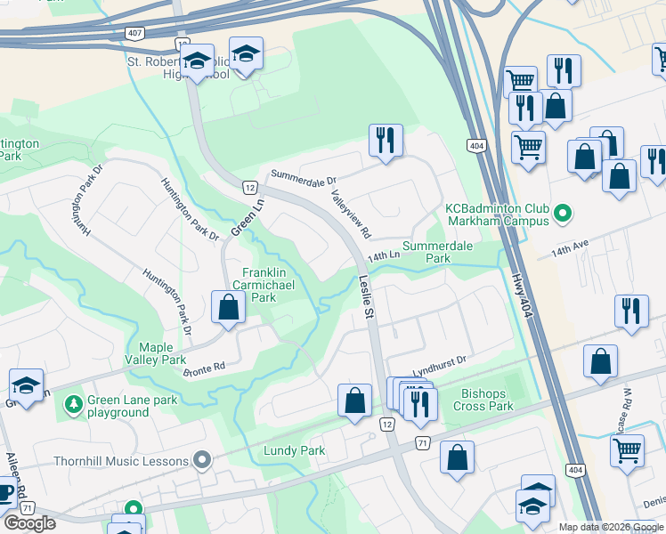 map of restaurants, bars, coffee shops, grocery stores, and more near in Markham