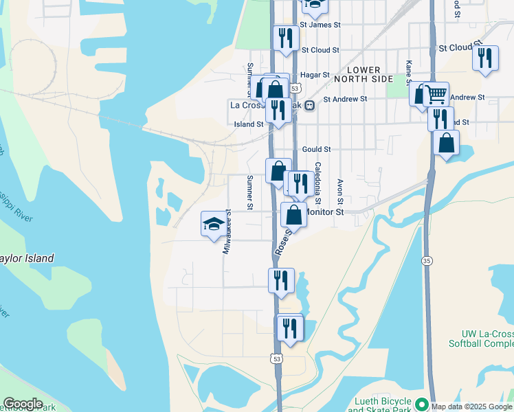 map of restaurants, bars, coffee shops, grocery stores, and more near 157 Sumner Street in La Crosse