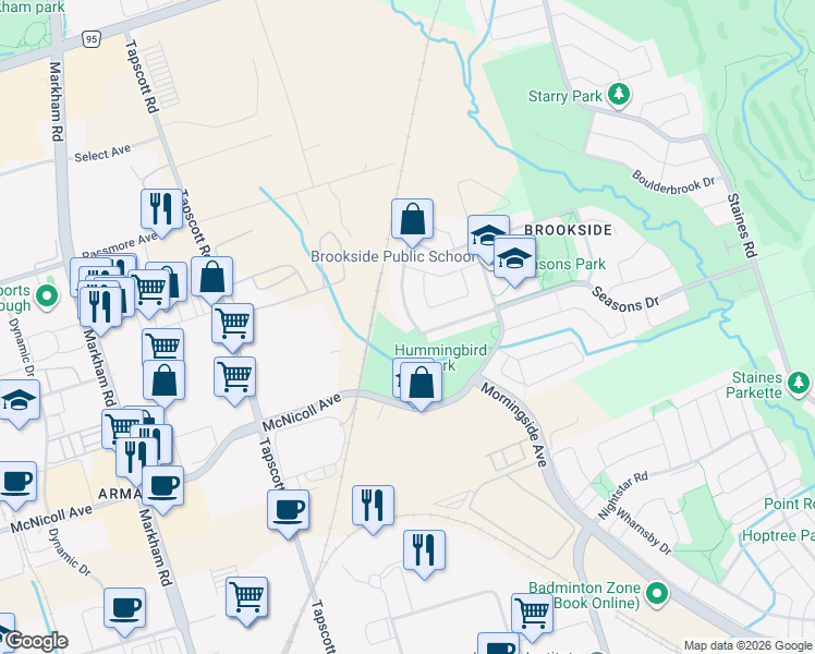 map of restaurants, bars, coffee shops, grocery stores, and more near 58 Hummingbird Drive in Toronto