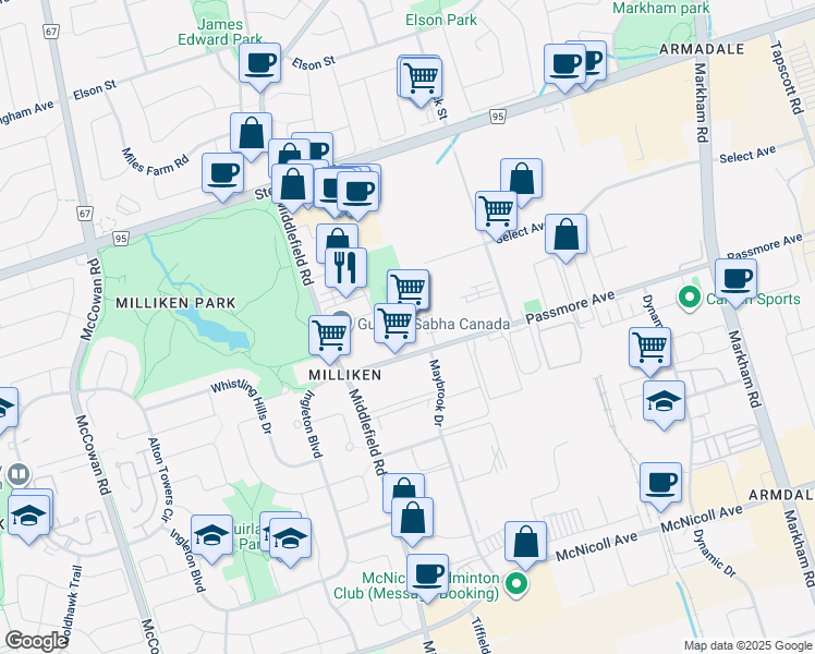 map of restaurants, bars, coffee shops, grocery stores, and more near 328 Passmore Avenue in Toronto