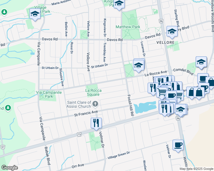 map of restaurants, bars, coffee shops, grocery stores, and more near 78 Battleford Avenue in Vaughan