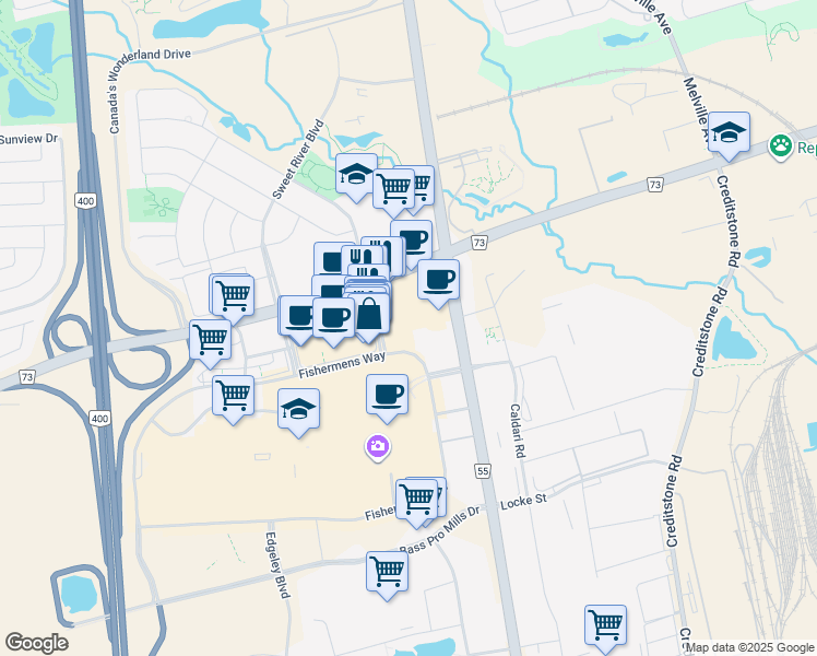 map of restaurants, bars, coffee shops, grocery stores, and more near 3175 Rutherford Rd in Vaughan