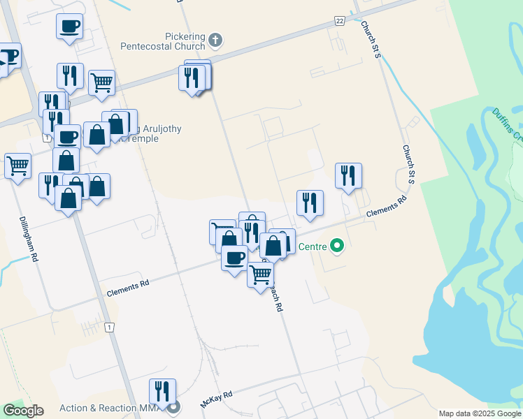 map of restaurants, bars, coffee shops, grocery stores, and more near 1075 Squires Beach Road in Pickering