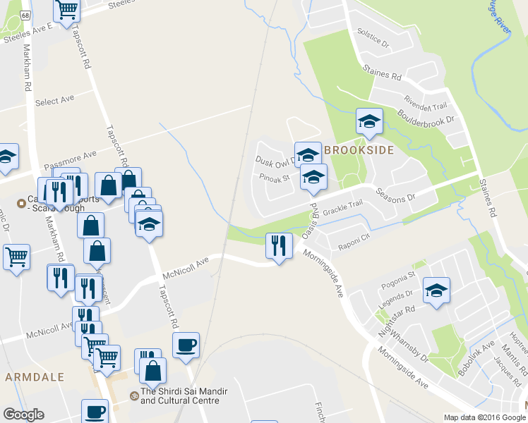 map of restaurants, bars, coffee shops, grocery stores, and more near 51 Hummingbird Drive in Toronto