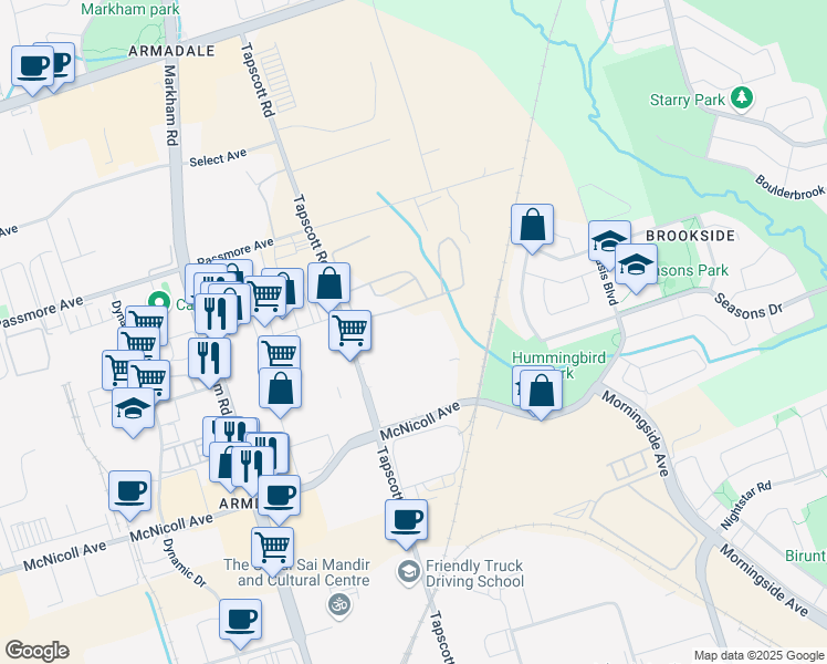 map of restaurants, bars, coffee shops, grocery stores, and more near 1271 Tapscott Road in Toronto