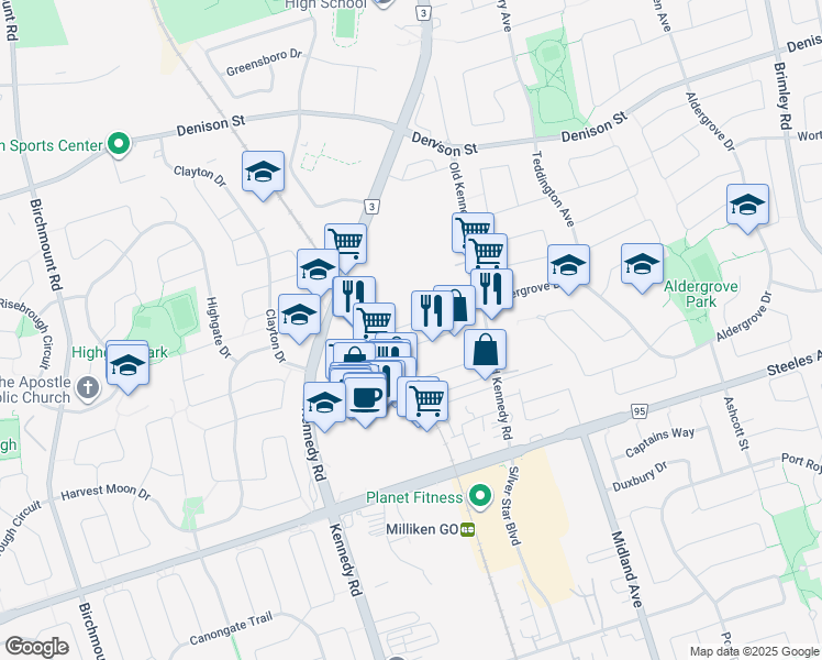 map of restaurants, bars, coffee shops, grocery stores, and more near 1 Dearie Lane in Markham