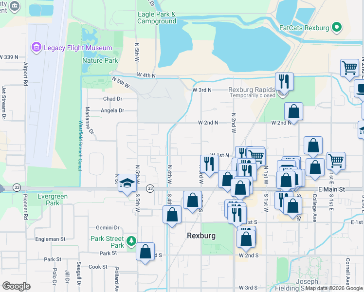 map of restaurants, bars, coffee shops, grocery stores, and more near 330 South 1st West in Rexburg