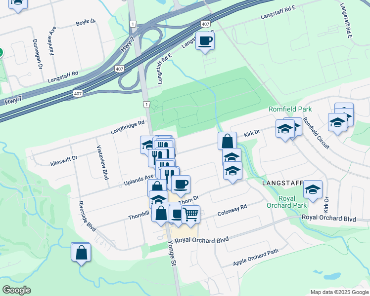 map of restaurants, bars, coffee shops, grocery stores, and more near 25 Kirk Drive in Markham