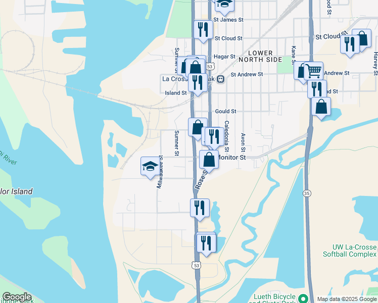 map of restaurants, bars, coffee shops, grocery stores, and more near in La Crosse