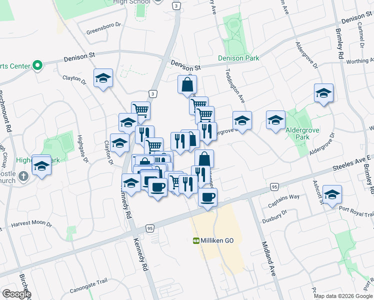map of restaurants, bars, coffee shops, grocery stores, and more near 40 Comely Way in Markham