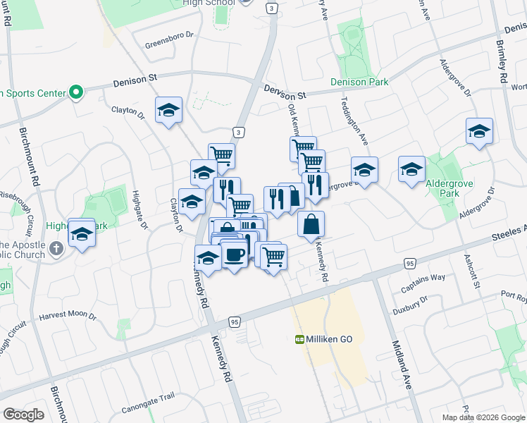 map of restaurants, bars, coffee shops, grocery stores, and more near 15 Dearie Lane in Markham