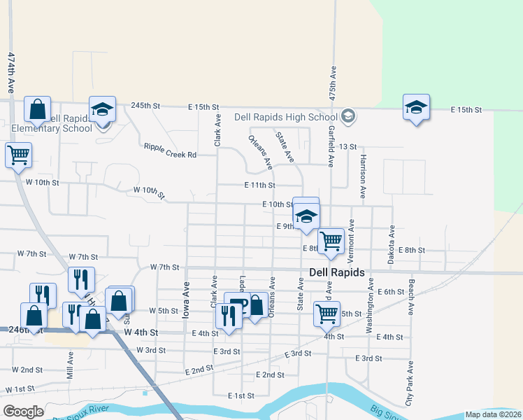 map of restaurants, bars, coffee shops, grocery stores, and more near 400-498 E 9th St in Dell Rapids