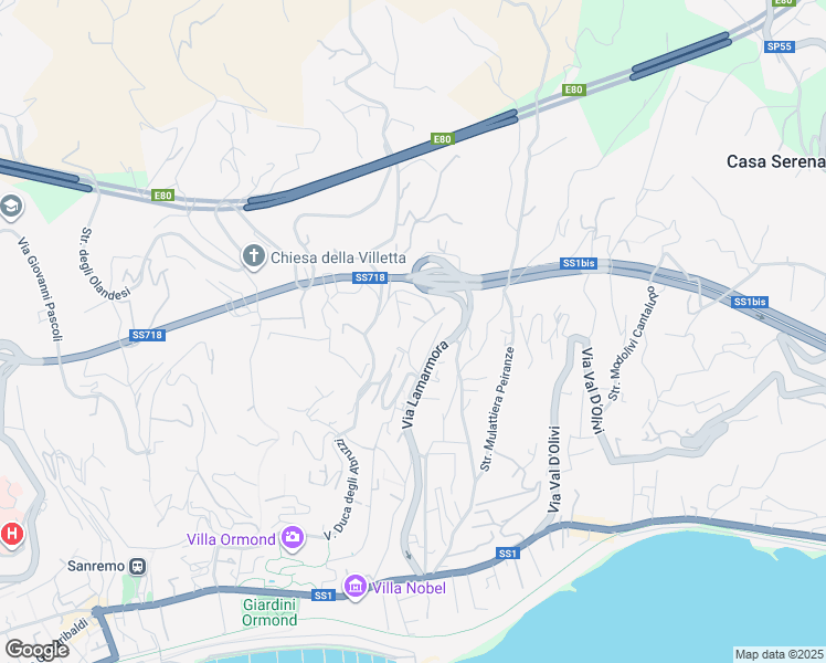 map of restaurants, bars, coffee shops, grocery stores, and more near 299 Via Lamarmora in Sanremo