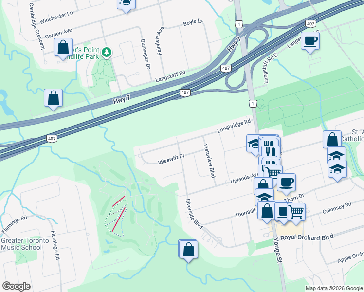 map of restaurants, bars, coffee shops, grocery stores, and more near 12 Idleswift Drive in Vaughan