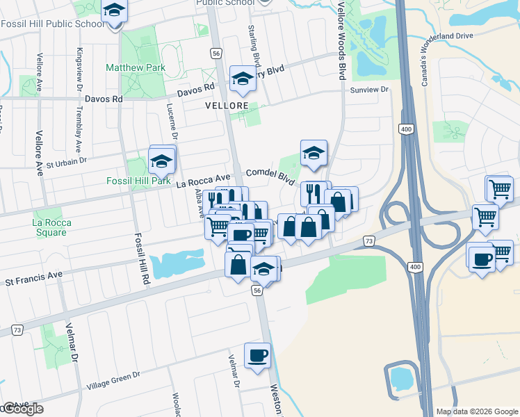 map of restaurants, bars, coffee shops, grocery stores, and more near 2 Levy Court in Vaughan
