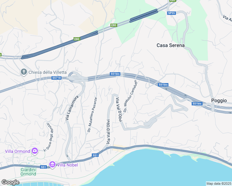 map of restaurants, bars, coffee shops, grocery stores, and more near 219 Via Val D'Olivi in Sanremo