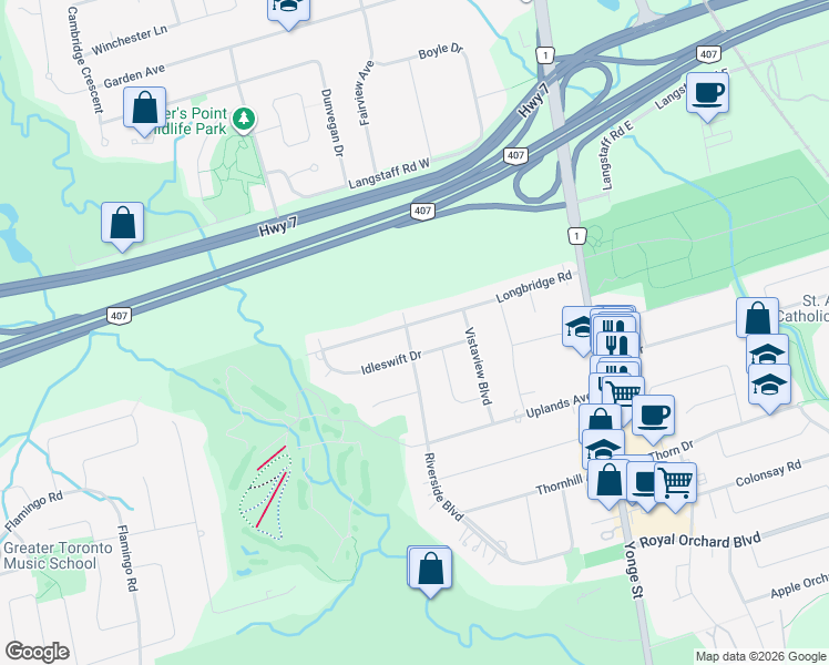 map of restaurants, bars, coffee shops, grocery stores, and more near 77 Riverside Boulevard in Vaughan