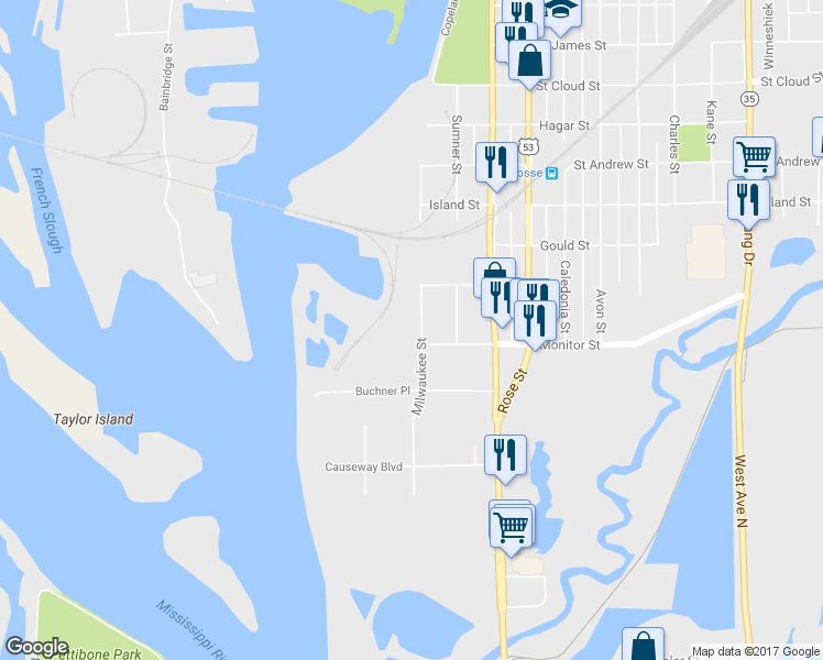 map of restaurants, bars, coffee shops, grocery stores, and more near 215 Milwaukee Street in La Crosse