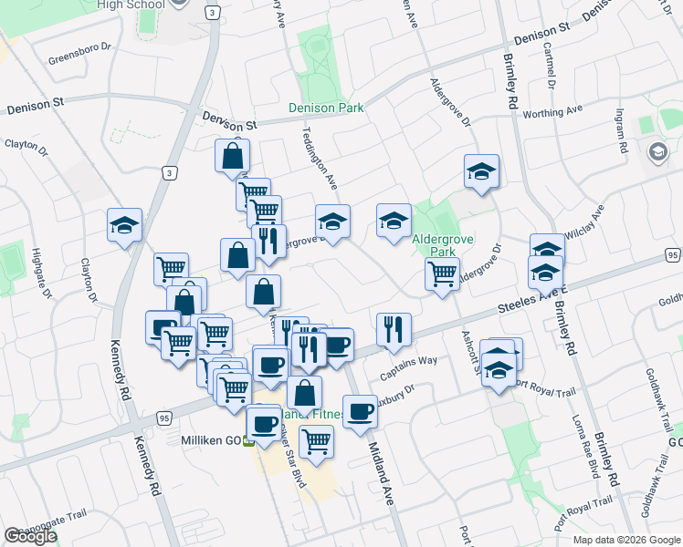 map of restaurants, bars, coffee shops, grocery stores, and more near 80 Manston Crescent in Markham