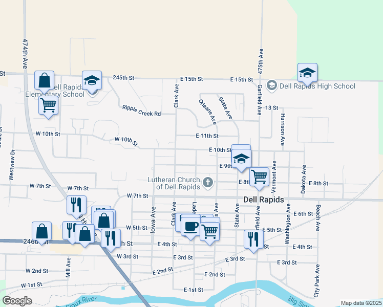map of restaurants, bars, coffee shops, grocery stores, and more near 308 East 9th Street in Dell Rapids