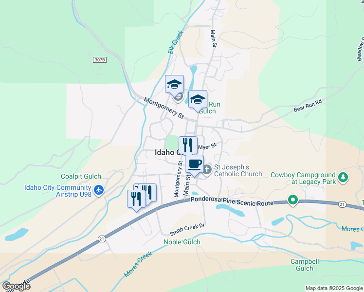 map of restaurants, bars, coffee shops, grocery stores, and more near 501 Montgomery Street in Idaho City