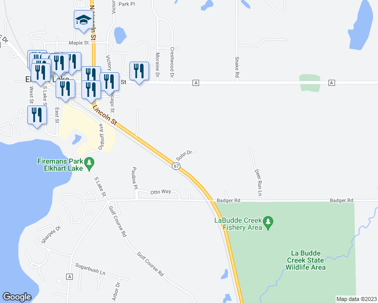 map of restaurants, bars, coffee shops, grocery stores, and more near 604 Lincoln Street in Elkhart Lake