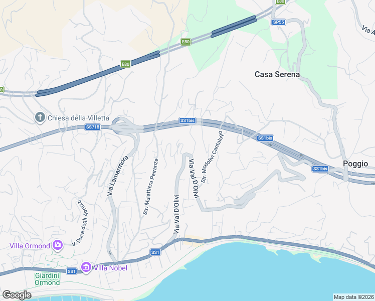 map of restaurants, bars, coffee shops, grocery stores, and more near 219 Via Val D'Olivi in Sanremo