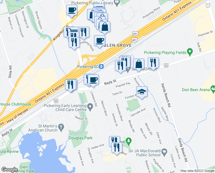 map of restaurants, bars, coffee shops, grocery stores, and more near 1338 Poprad Avenue in Pickering