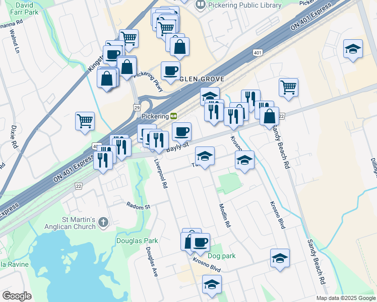 map of restaurants, bars, coffee shops, grocery stores, and more near 1338 Poprad Avenue in Pickering