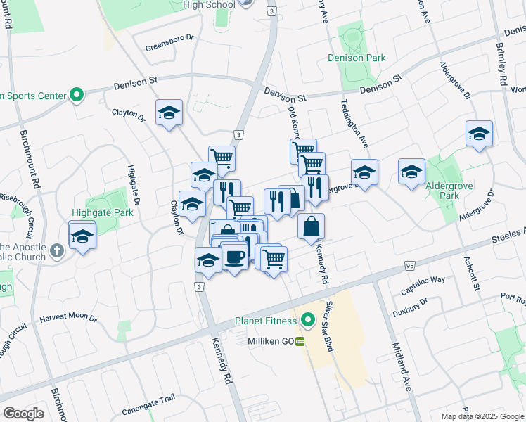 map of restaurants, bars, coffee shops, grocery stores, and more near 315 Aldergrove Drive in Markham