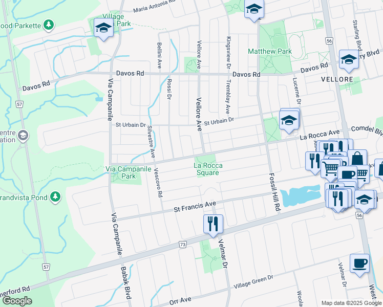map of restaurants, bars, coffee shops, grocery stores, and more near 2 Intermezzo Drive in Vaughan
