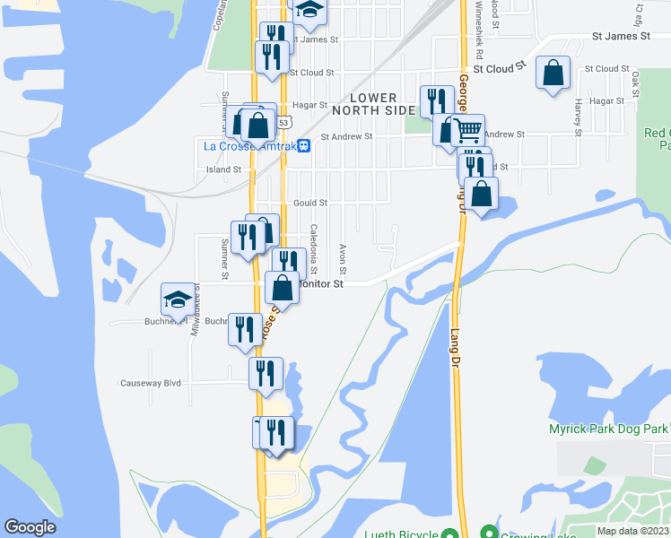 map of restaurants, bars, coffee shops, grocery stores, and more near 163 Avon Street in La Crosse