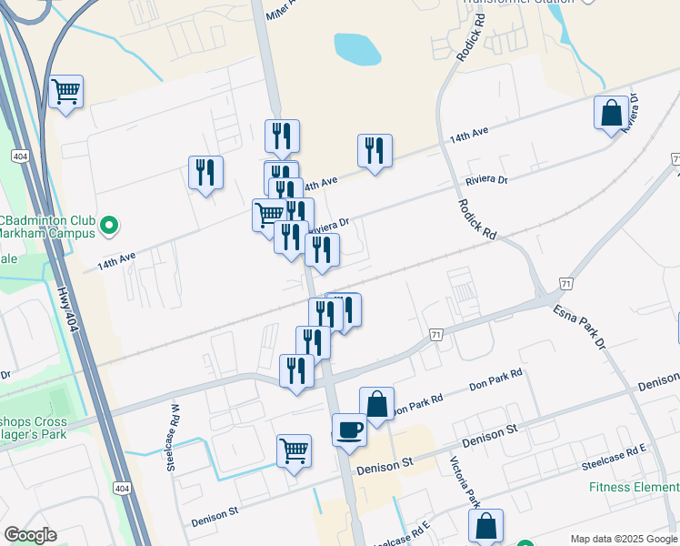 map of restaurants, bars, coffee shops, grocery stores, and more near 7605 Woodbine Avenue in Markham