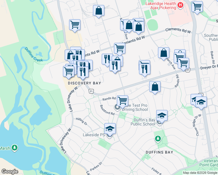 map of restaurants, bars, coffee shops, grocery stores, and more near 695 Westney Road South in Ajax