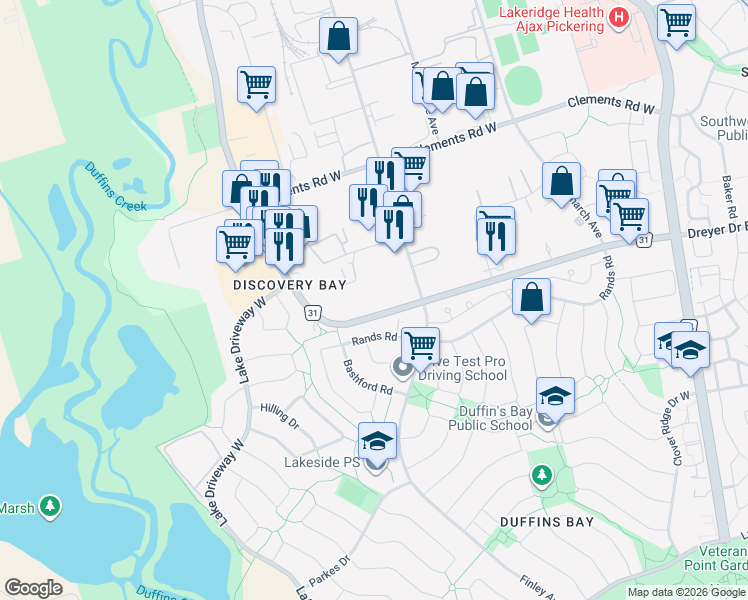 map of restaurants, bars, coffee shops, grocery stores, and more near 695 Westney Road South in Ajax