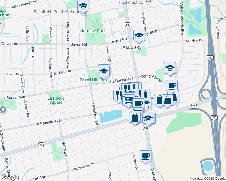 map of restaurants, bars, coffee shops, grocery stores, and more near 9 Bologna Road in Vaughan