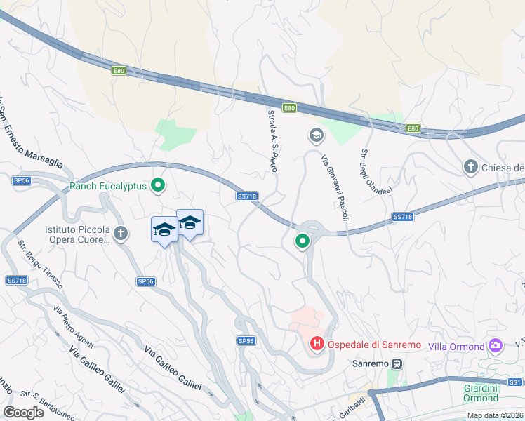 map of restaurants, bars, coffee shops, grocery stores, and more near 84 Strada A. San Pietro in Sanremo