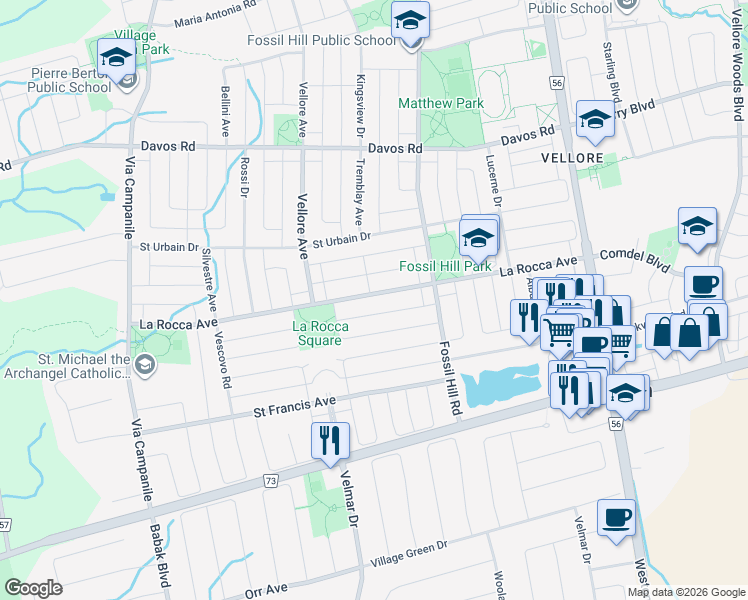map of restaurants, bars, coffee shops, grocery stores, and more near 239 La Rocca Avenue in Vaughan